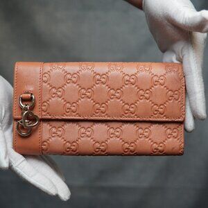 GUCCI Ssima Horse Bit Heart GG Logo Leather Long Bifold Wallet
